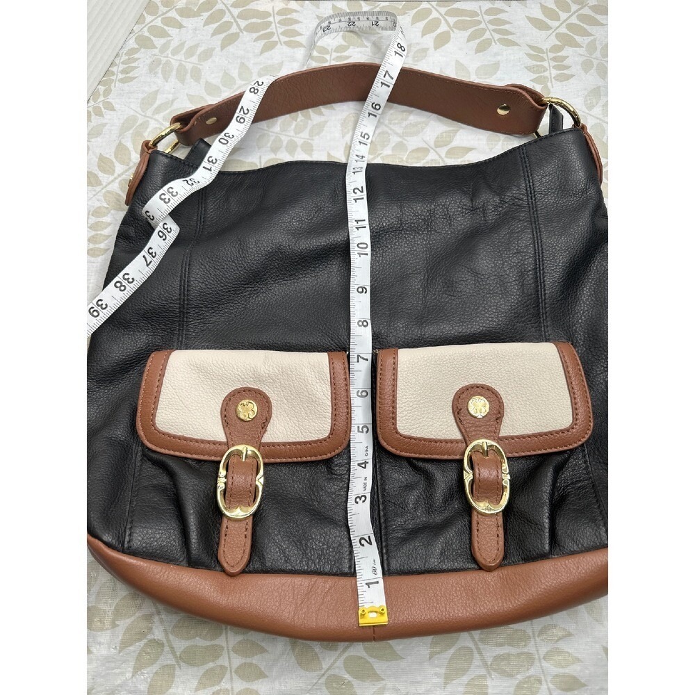 Emma Fox Black Leather Hobo Bag Tri-Color Buckle Pockets Floral Lining Large - Picture 4 of 8